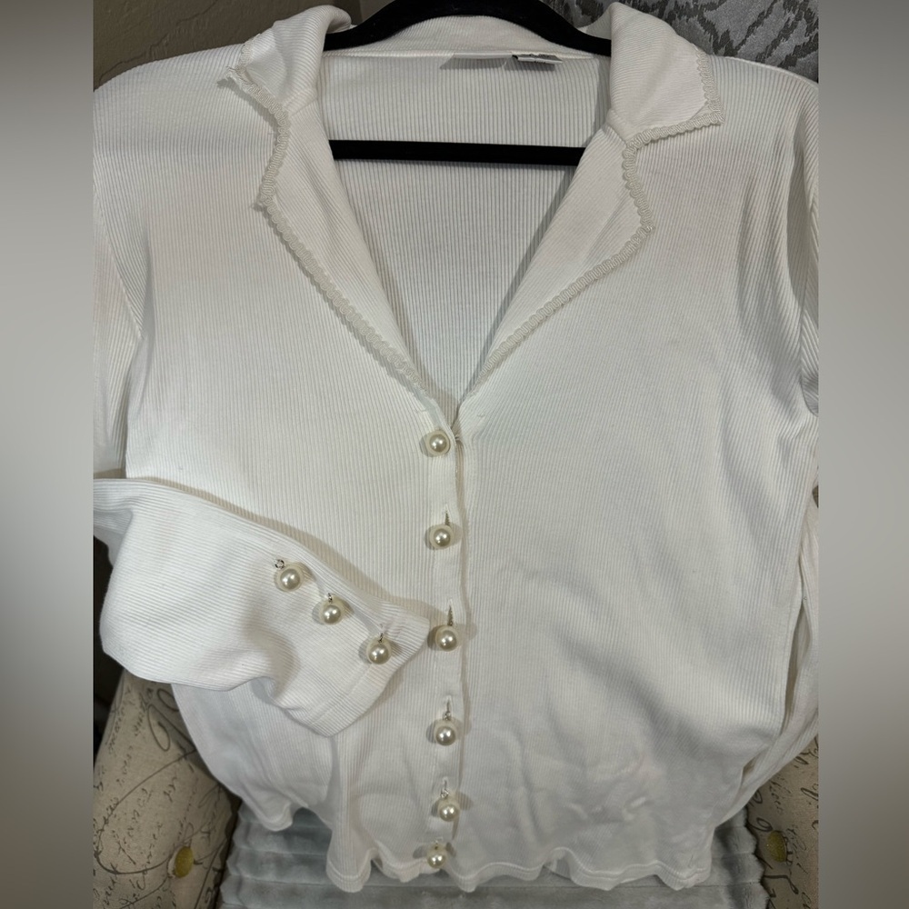 90’s Rib Knit Pearl Button Up Scallop Collar Cardigan Cotton Girly Whimsical VTG - Picture 4 of 13